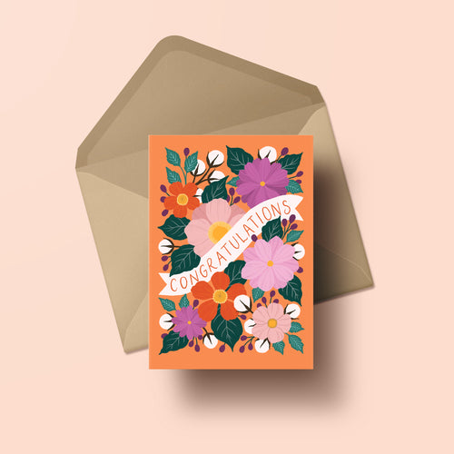 congratulations card with hand painted flowers in bright colours with orange background, made in nz