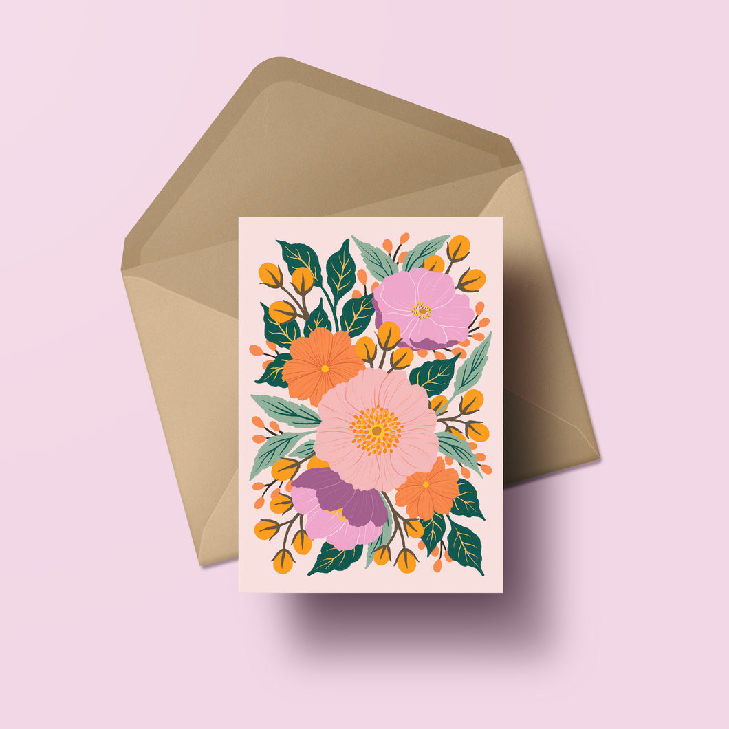 full bloom hand painted flower greeting card pastel tones made in nz