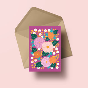 colourful hand painted flower greeting card with fuchsia background, made in nz