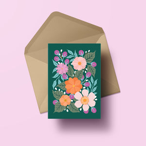hand painted flower greeting card with dark green background, made in nz