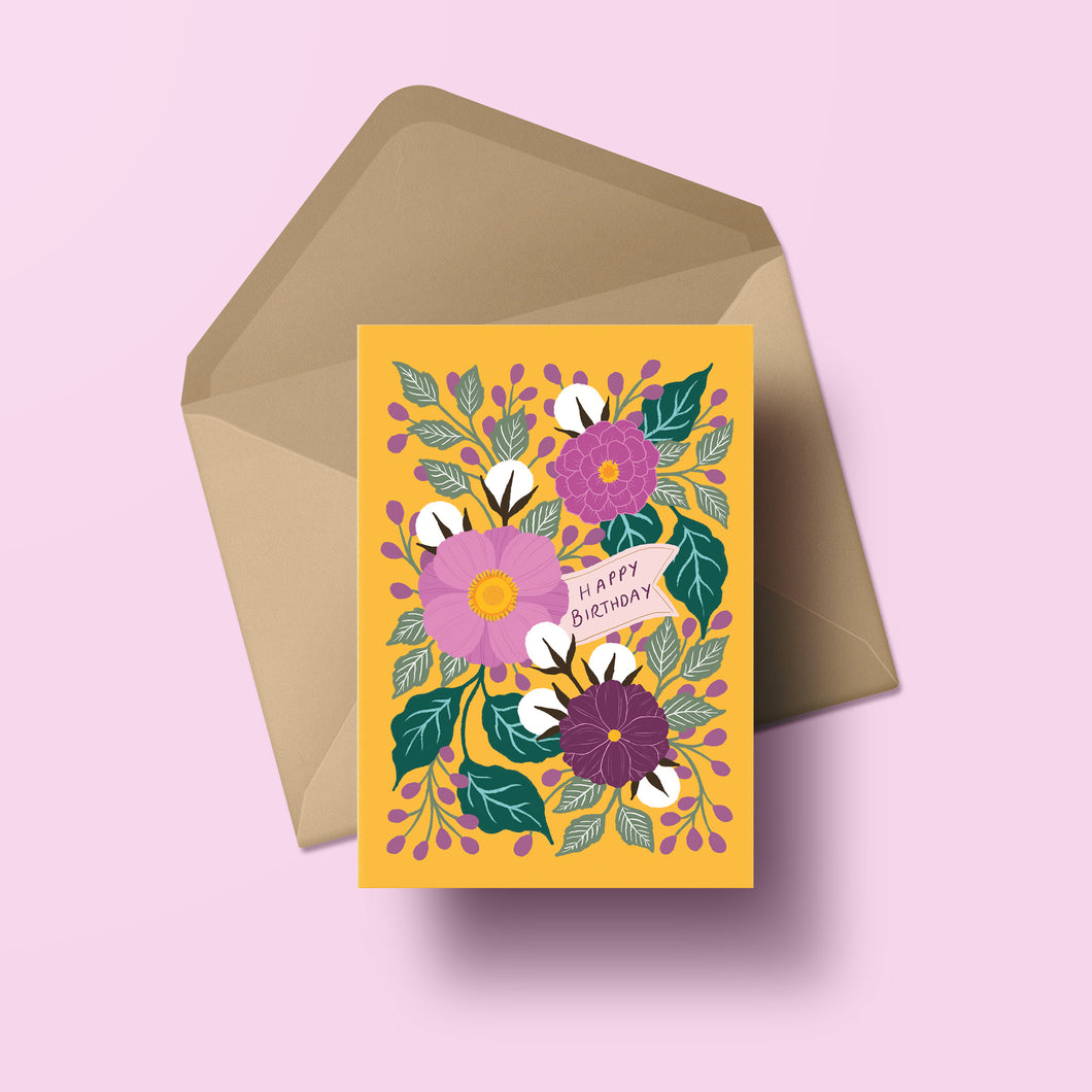 birthday card featuring hand lettering and colourful hand painted flowers. made in nz