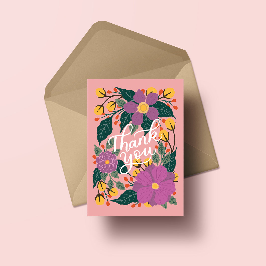 hand lettered thank you card with floral illustrations on a blush background, made in nz