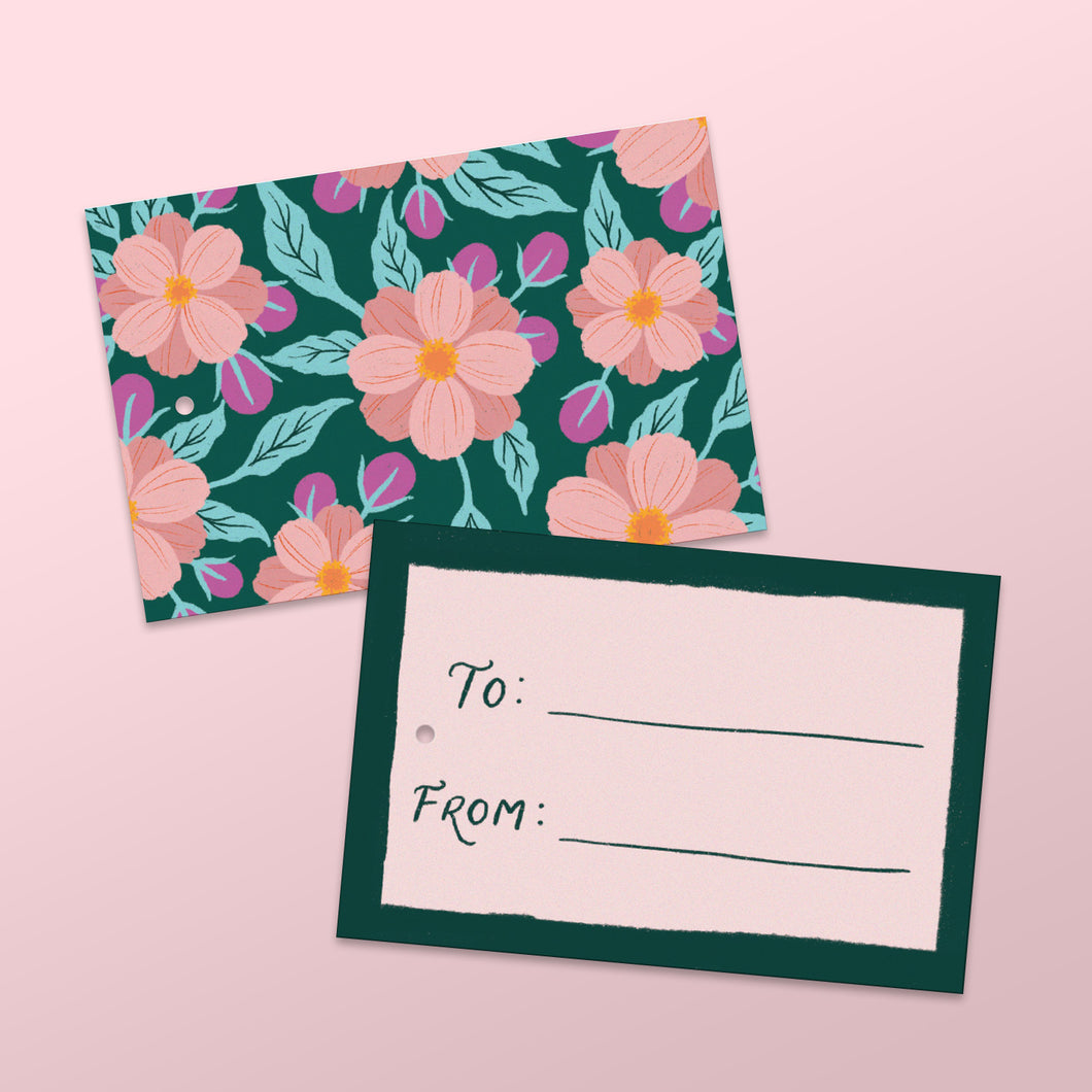 emerald green gift tags with hand painted florals. made in nz