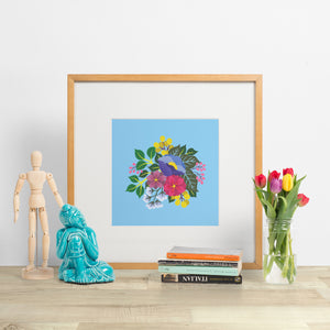january florals. colourful bouquet of hand painted flowers on a background of vibrant blue. paper goods made in nz