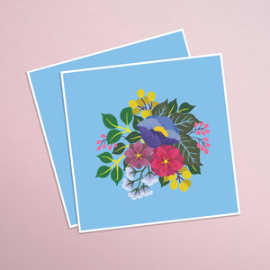 hand painted colorful floral square print on a vibrant blue background. 