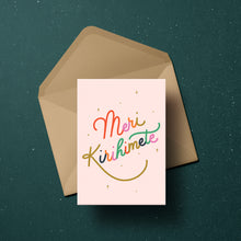 Load image into Gallery viewer, meri kirihimete colourful hand lettered christmas card made in new zealand