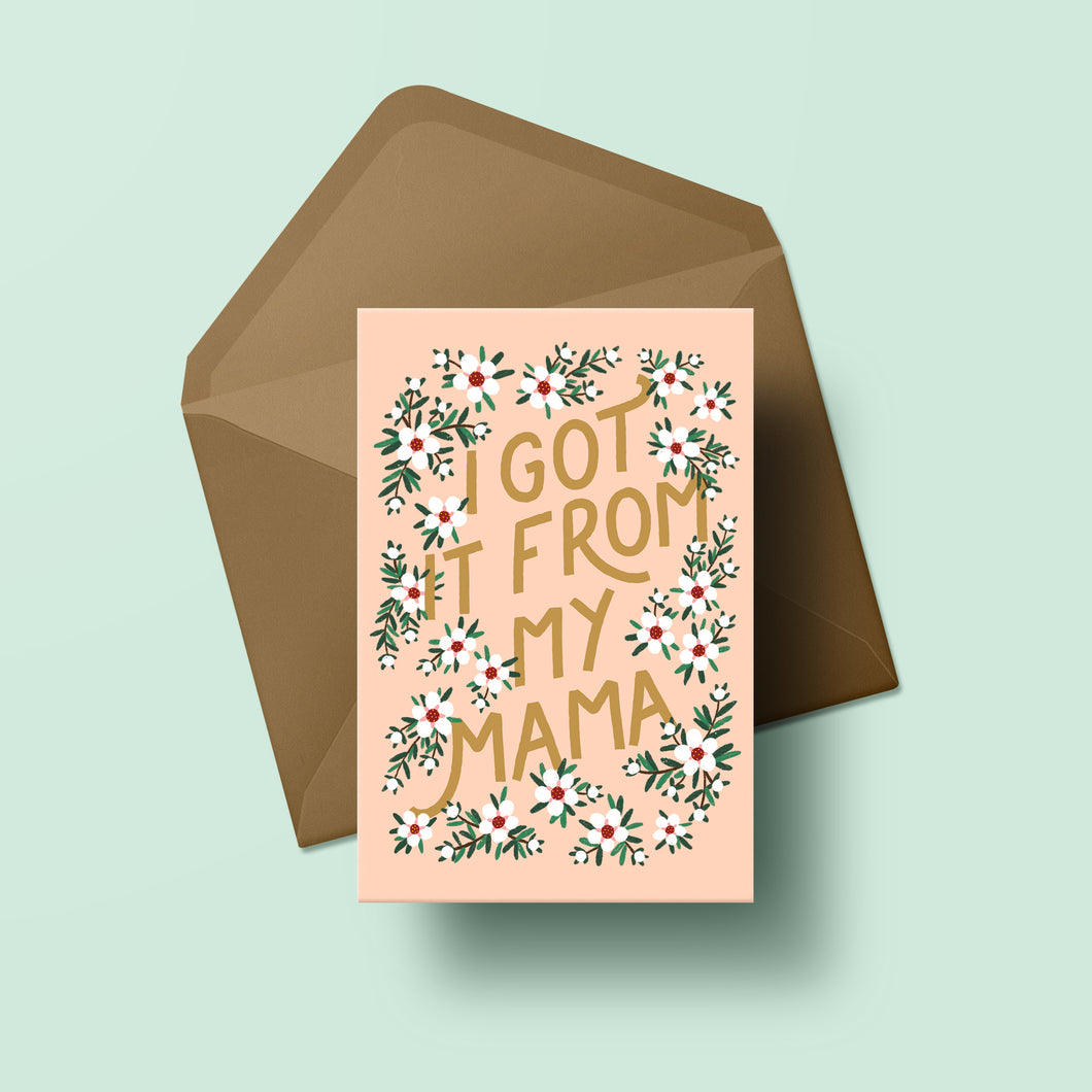 mothers day greeting card with text and illustrations of manuka blossom flowers