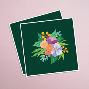 march florals. colourful bouquet of hand painted flowers on a background of deep green. paper goods made in nz