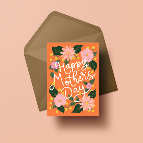 happy mothers day card with hand painted flowers on a background of coral orange